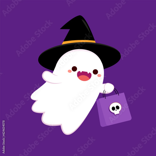 Cute ghost floating for Trick or Treat. Funny spooky boo character. Spook phantom with happy smiling face expression. Isolated kids flat vector illustration.