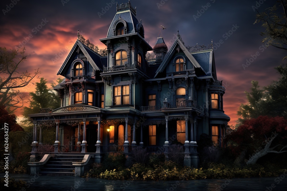 Spooky Victorian house designed for Halloween in the United States. Halloween Background. Generative AI Spooky Victorian house designed for Halloween in the United States. Halloween Background. Generative AI