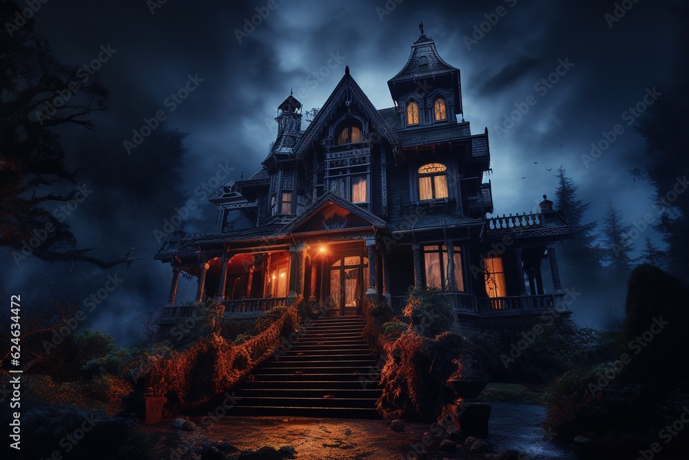 Spooky Victorian house designed for Halloween in the United States. Halloween Background. Generative AI