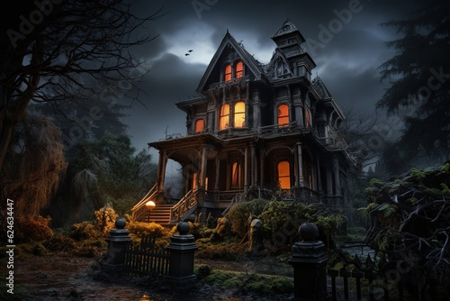 Spooky Victorian house designed for Halloween in the United States. Halloween Background. Generative AI