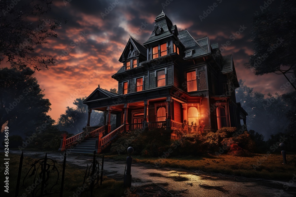 Spooky Victorian house designed for Halloween in the United States. Halloween Background. Generative AI Spooky Victorian house designed for Halloween in the United States. Halloween Background. Generative AI
