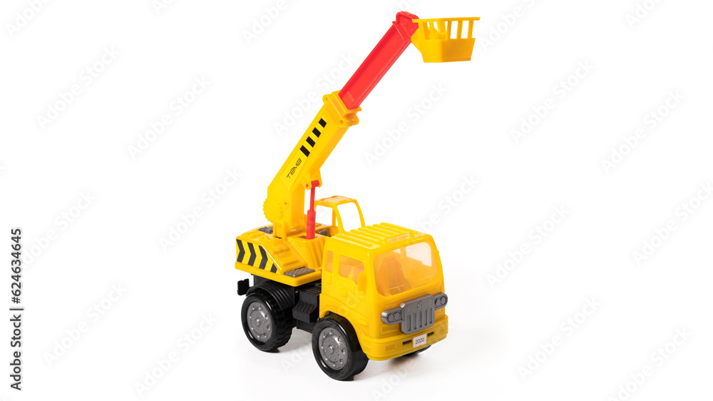 Plastic toy car telescopic lift isolated on white background. Plastic toy car telescopic lift isolated on white background.