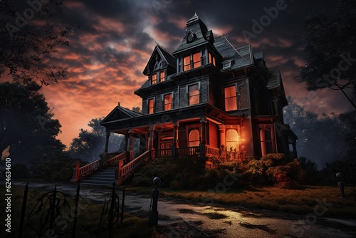 Spooky Victorian house designed for Halloween in the United States. Halloween Background. Generative AI