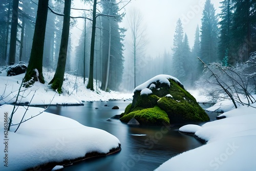 river in winter forest, snow fall. green plants