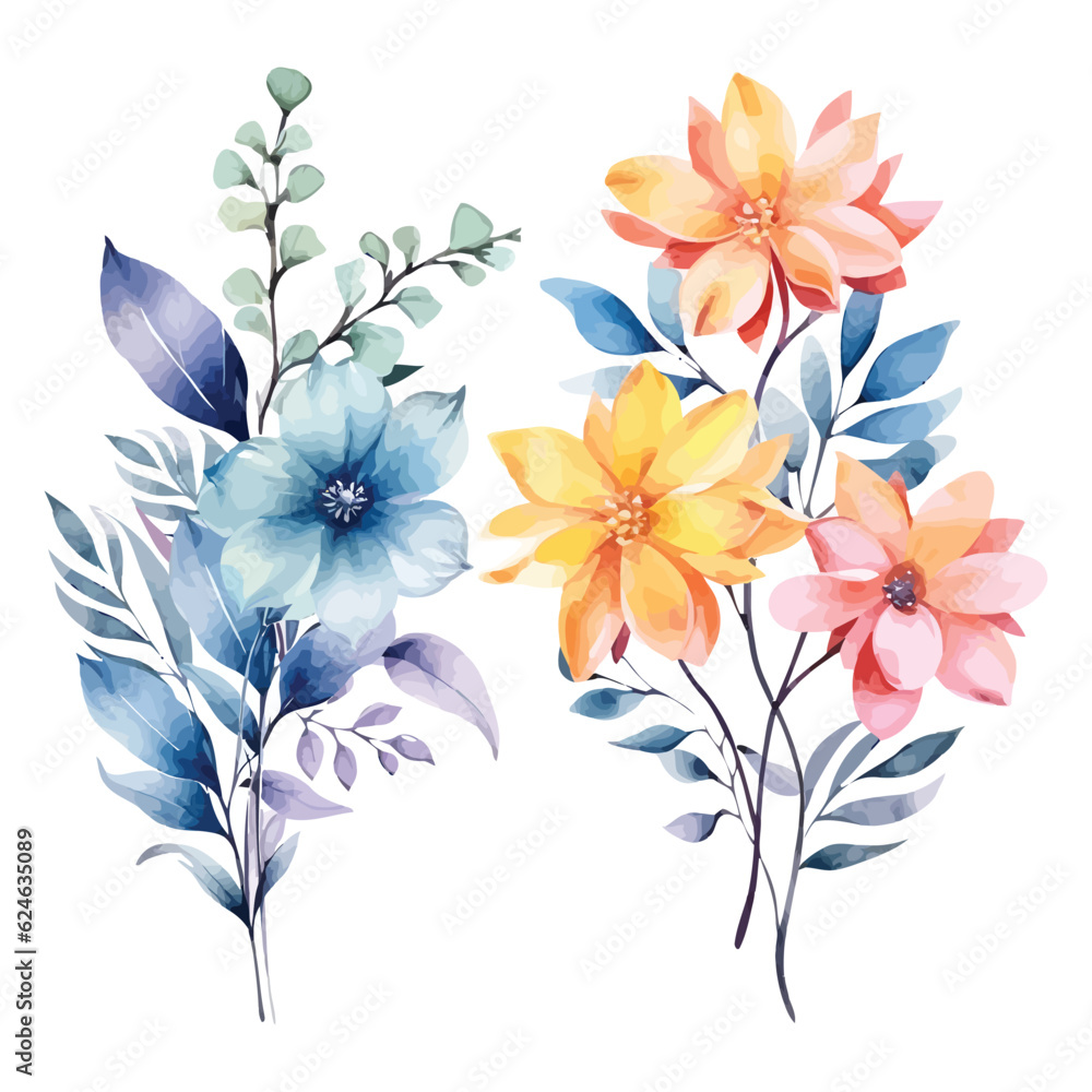 Obraz premium a set of watercolor flowers and leaves