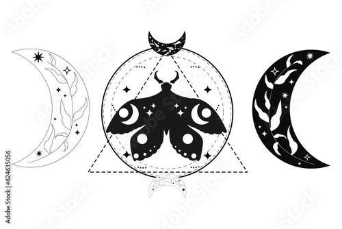 Magic mystic moth in doodle style, line art isolated, boho celestial esoteric symbol, tatoo or print