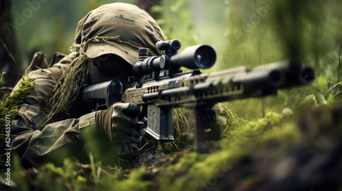 Camouflaged sniper taking a shot. Generative AI