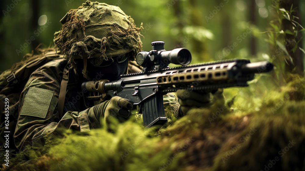 Camouflaged sniper taking a shot. Generative AI Camouflaged sniper taking a shot. Generative AI