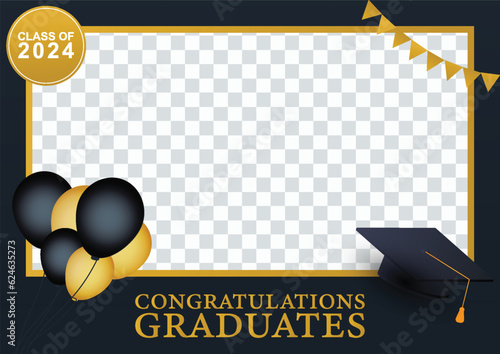 Graduation frame. Graduation party photo booth props. Frame with cap for grads. Concept for selfie. Photobooth vector element. Congradulation grad quote. Gold and black decoration for celebration