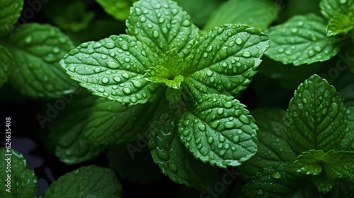 Macro of fresh mint leaves, background of nature. Created with Generative Ai technology.