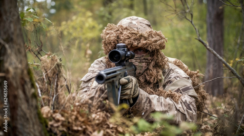 Camouflaged sniper taking a shot. Generative AI