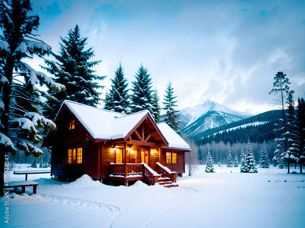 Realistic photo landscape of winter snow forest and wood house
