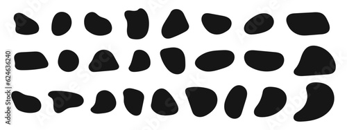 Set of irregular shapes, organic blobs, liquid stains, ink splodges, distorted bubbles textures isolated on white background. Trendy uneven asymmetric figures. Vector graphic elements illustration