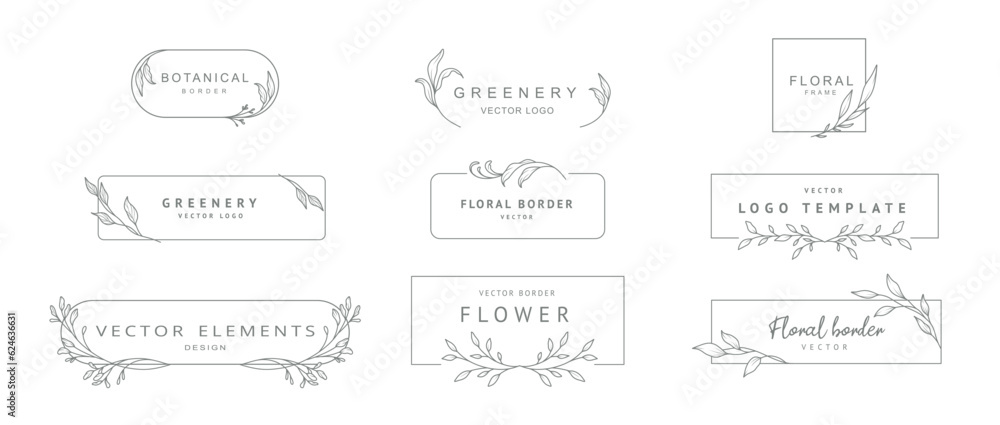 Elegant floral frames. Logo templates in minimal linear style with hand drawn branches and leaves. Botanical vector illustration for labels, corporate identity, wedding invitation, save the date Elegant floral frames. Logo templates in minimal linear style with hand drawn branches and leaves. Botanical vector illustration for labels, corporate identity, wedding invitation, save the date