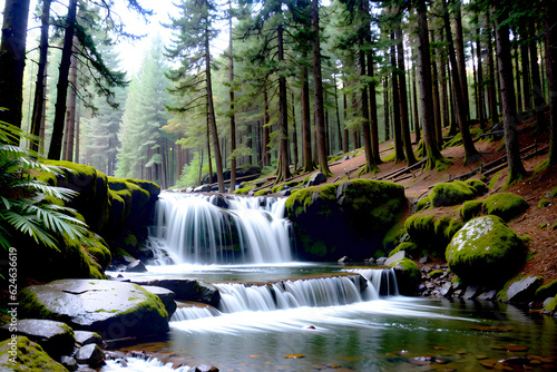 Realistic photo landscape of green tree forest and creek