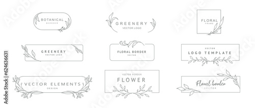 Elegant floral frames. Logo templates in minimal linear style with hand drawn branches and leaves. Botanical vector illustration for labels  corporate identity  wedding invitation  save the date