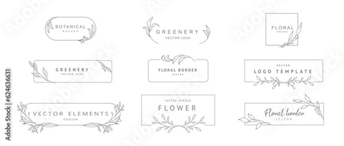 Elegant floral frames. Logo templates in minimal linear style with hand drawn branches and leaves. Botanical vector illustration for labels, corporate identity, wedding invitation, save the date