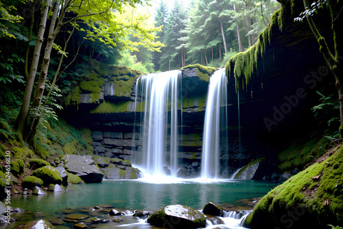 Realistic photo beautiful landscape of waterfall in the forest