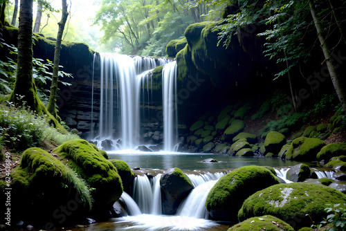 Realistic photo beautiful landscape of waterfall in the forest