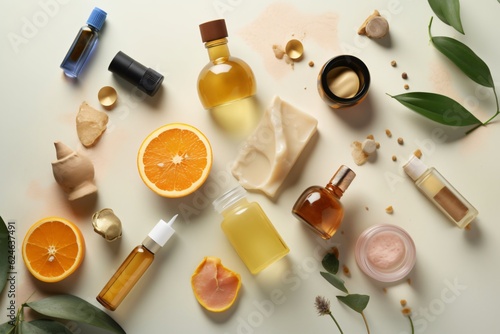 Flat lay beauty skin care ingredients and accessories on gradient surface, Generative AI