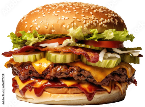 Burger Food PNG transparent format. Fresh tasty Chicken Meat cheeseburger. Generative ai