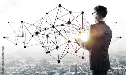 Concept of business success and control with confident boss against cityscape background