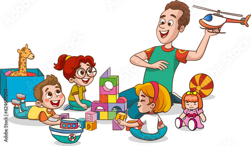 parents playing with kids at home. Educational toys. Children playing designer cubes, developmental constructor, sorter.