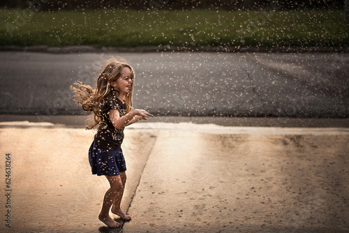 Little girl jumping and laughing in the rain photo