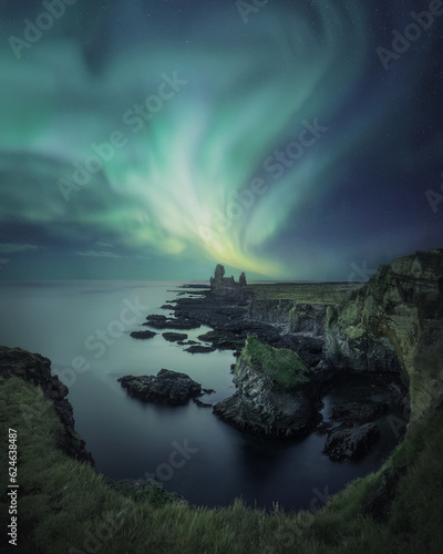 Auroras over  Uniquelo-formed Londrangar basalt cliffs photo