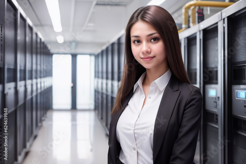 beautiful, futuristic brunette woman dressed in formal executive attire, commanding the high-tech server room with confidence and sophistication