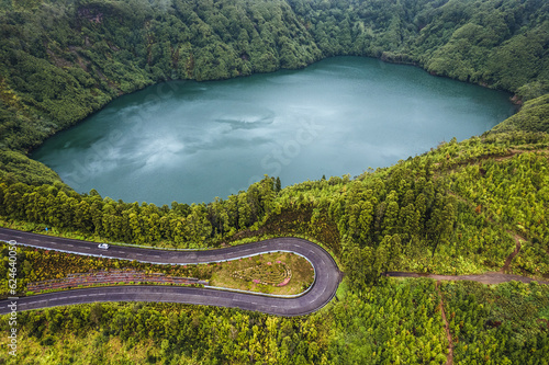 Twisty road switchbacks along crater lake near Sete Cidades, Azores