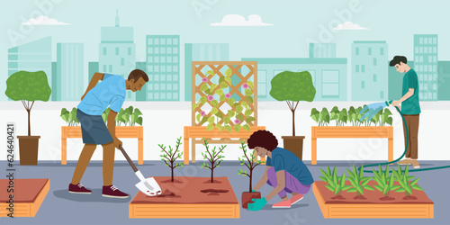 Sustainability concept, people planting young tree in community garden on rooftop, Vector