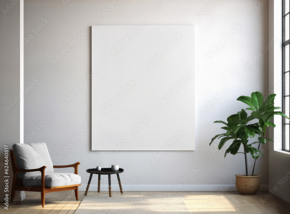 Large canvas mockup on the wall, interior frame, 3D illustration with room design, white furniture for pattern, print. Large canvas mockup on the wall, interior frame, 3D illustration with room design, white furniture for pattern, print.