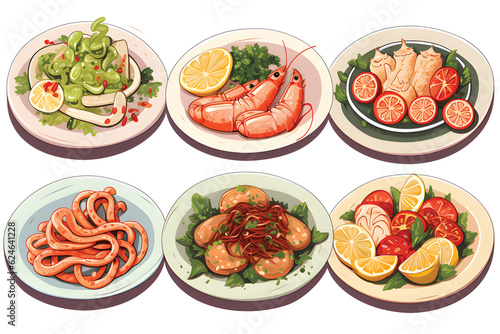Seafood meals set in cartoon style.GenerativeAI.