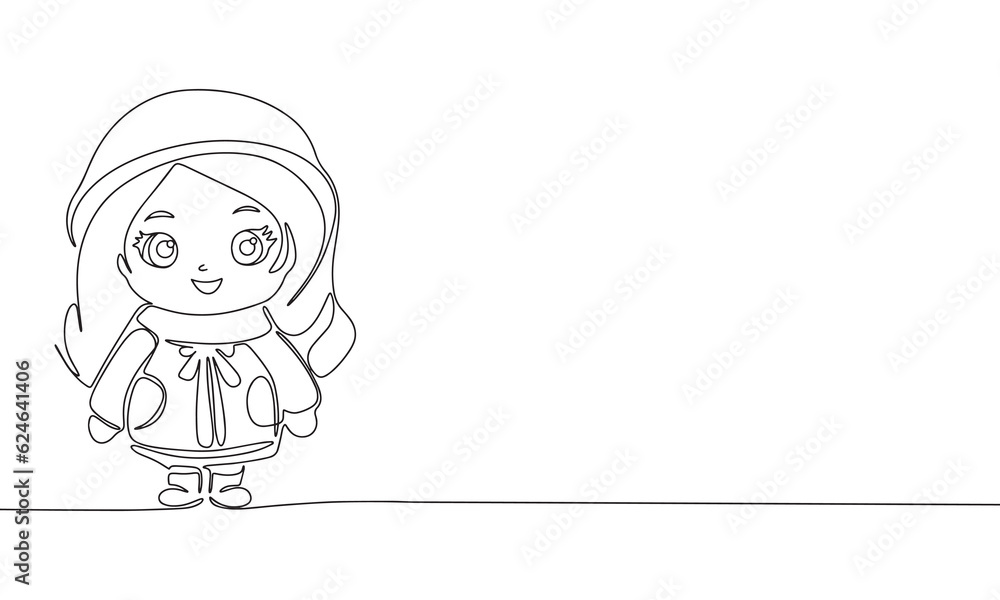 One continuous line drawing of young girl as doll. Doll toy children concept. Single line draw design vector illustration One continuous line drawing of young girl as doll. Doll toy children concept. Single line draw design vector illustration