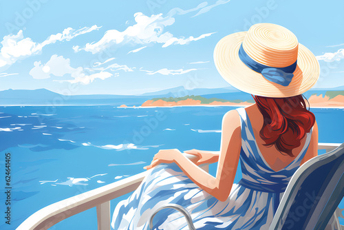 Women in sun hat on cruise vessel enjoy summer seaside landscape,Blue ocean scenic view background.GenerativeAI. © JewJew