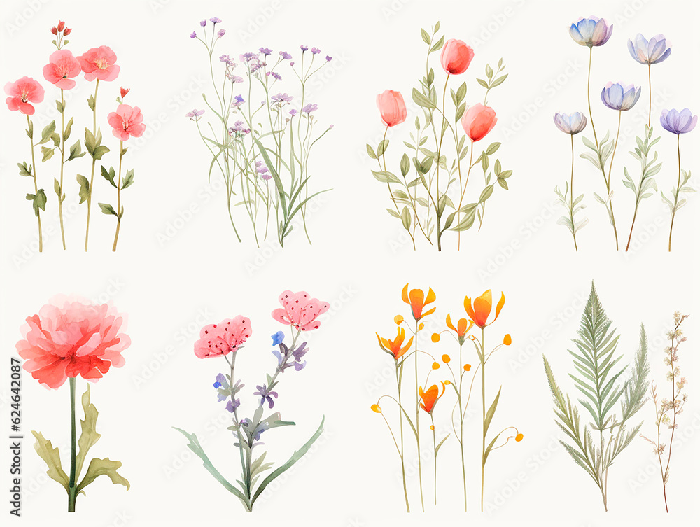 Set of watercolor hand drawn meadow flowers. Vector illustration.AI Generated