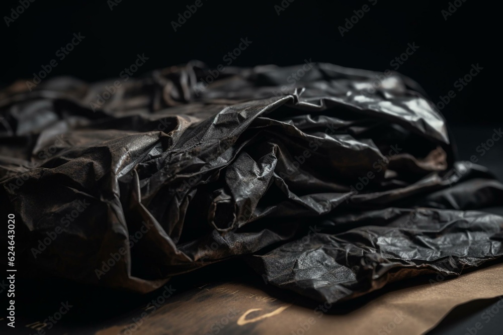 Wrinkled black paper with dusty cardboard wrapping. Generative AI
