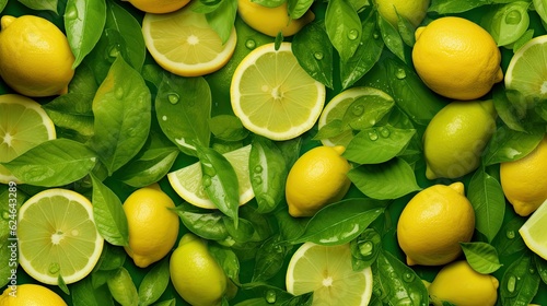 Lemons and lemons with green leaves on a green background, Creative food summer citrus fruits banner panorama wallpaper, seamless pattern texture, Top view of many fresh lemons, ai generative photo