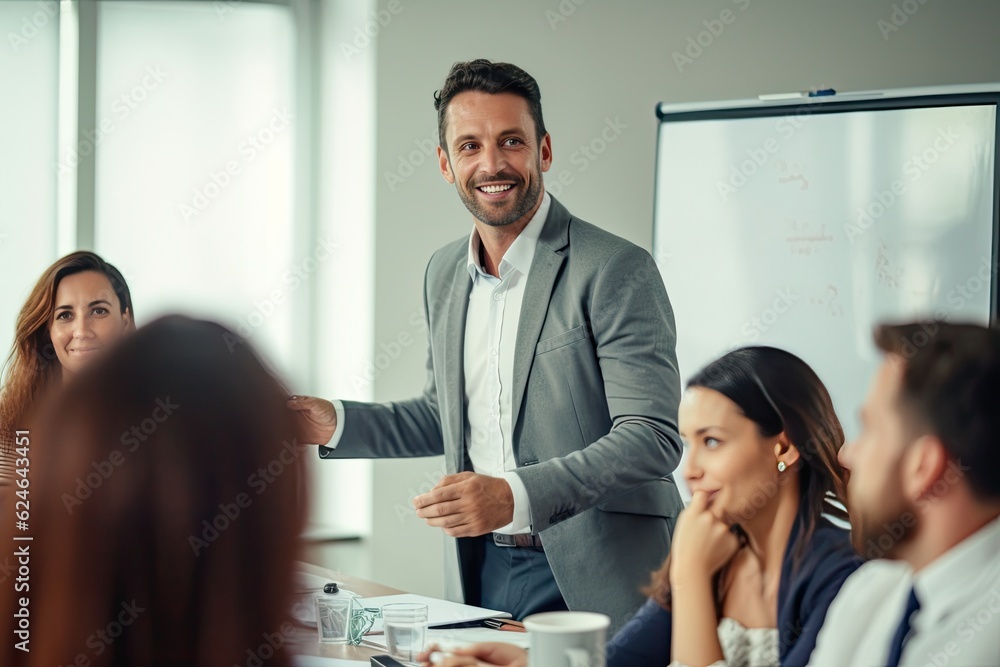 Confident businessman in formalwear speaking to colleagues during meeting in office Confident businessman in formalwear speaking to colleagues during meeting in office