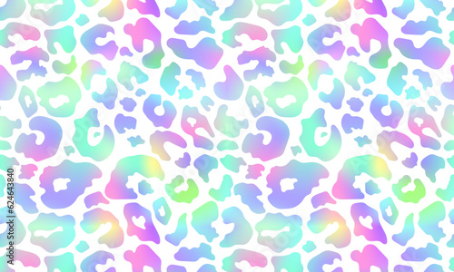 Trendy Neon Leopard pattern horizontal background. Vector rainbow wild animal leo skin, gradient cheetah texture with rainbow spots on white background for fashion print design, wallpapers