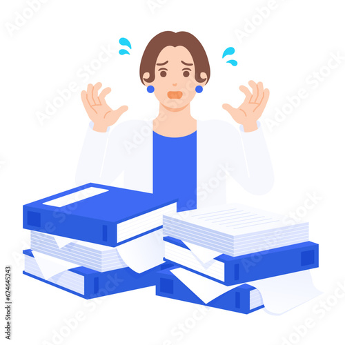 大量の手書き書類やファイルを前にして困惑する女性のイラスト素材。