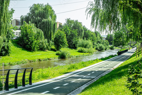 New cyclist paths built in the modern city for ecological bicycle transport, Sibiu, Romania photo