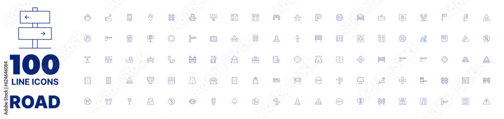 100 icons road collection. Thin line icon. Editable stroke. Containing 100 icons road collection. Thin line icon. Editable stroke. Containing highway, route, map, tracking, railway, racing game.