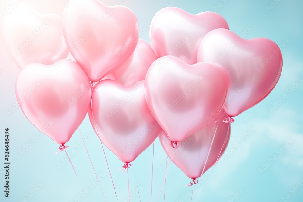 close up of heart sharp balloons flying in the air, levitation,rainbow palete,white lighting pastel background