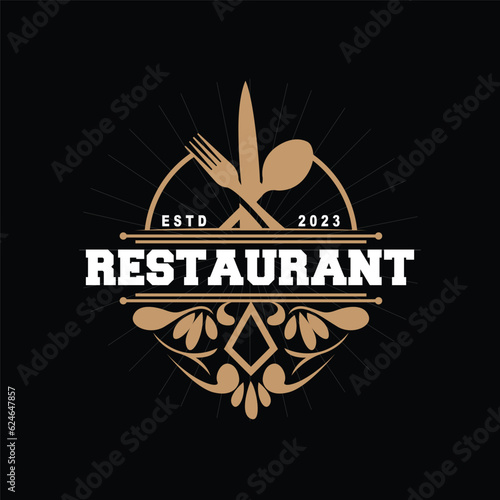 Retro Vintage Style Ornament Design, Logo Retro Restaurant Typography Emblem, Vector Line Simple Elegant Fork Spoon And Knife
