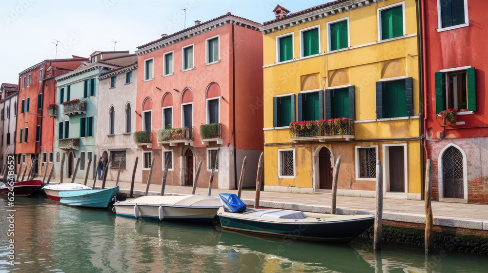 Colorful houses along canal with boats in Venice, Italy