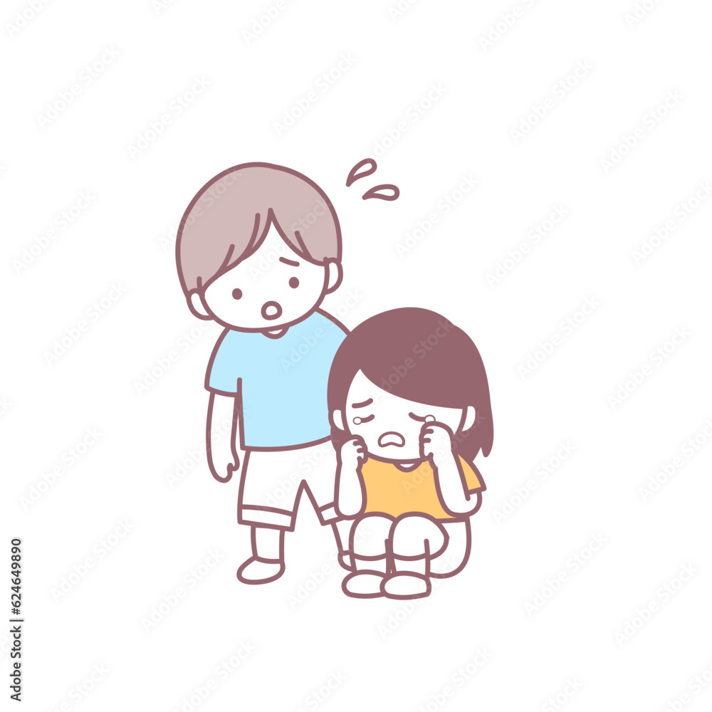 泣いている女の子と心配する男の子 泣いている女の子と心配する男の子