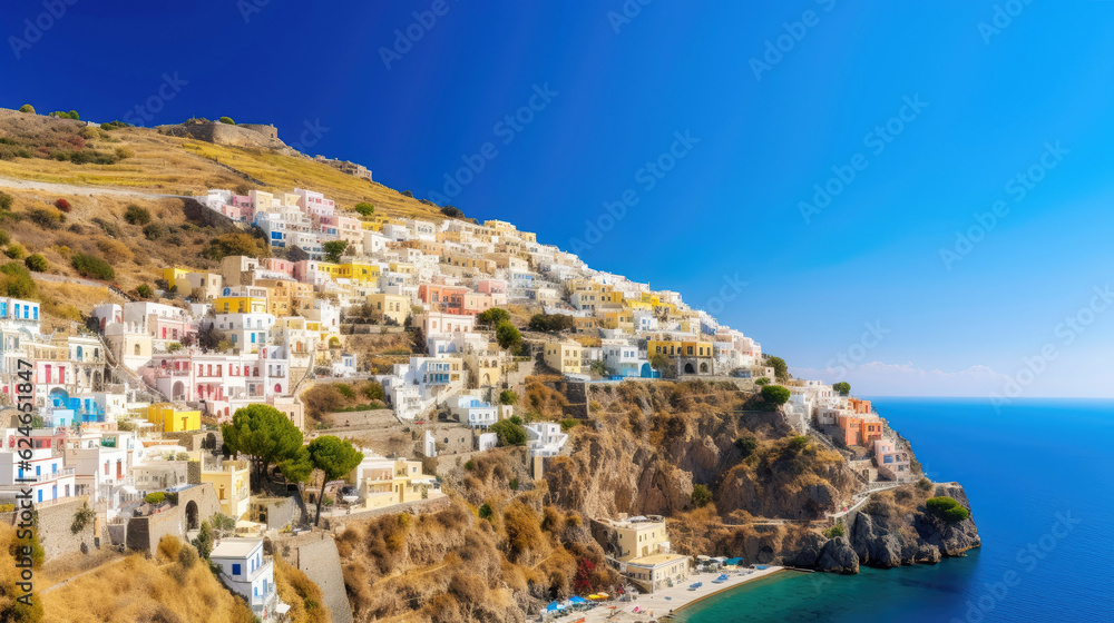 Cliffside village overlooking the Mediterranean in summer