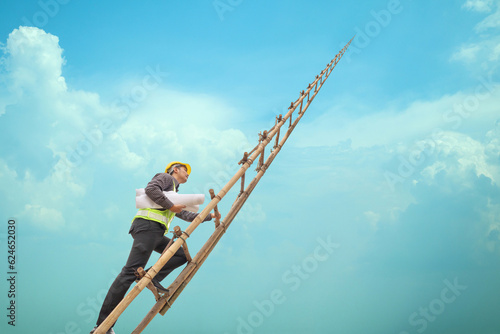 Asian business man engineer climbing up llong adder with blue sky, career growth and success concept